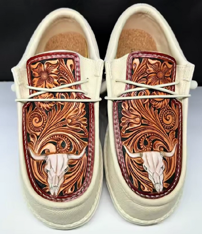 Hand-Tooled Leather Longhorn Skull Western Slip-On Shoes