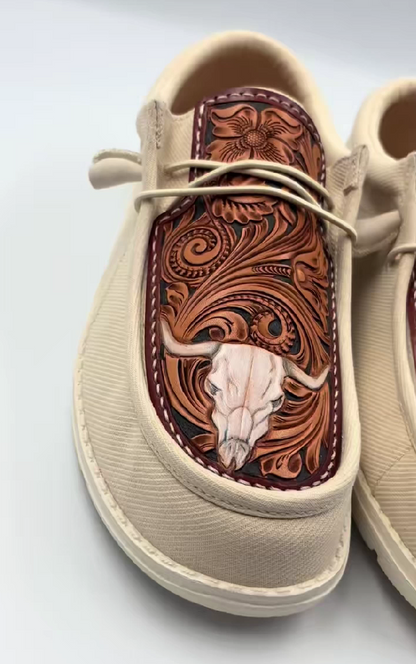 Hand-Tooled Leather Longhorn Skull Western Slip-On Shoes