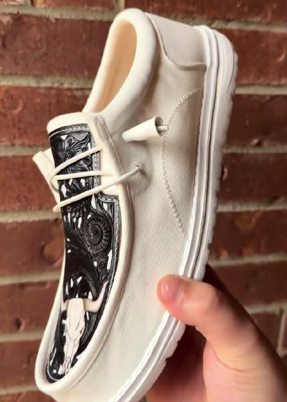 Hand-Tooled Leather Longhorn Skull Western Slip-On Shoes