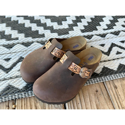Vintage Western Leather Embossed Adjustable Slide Clogs