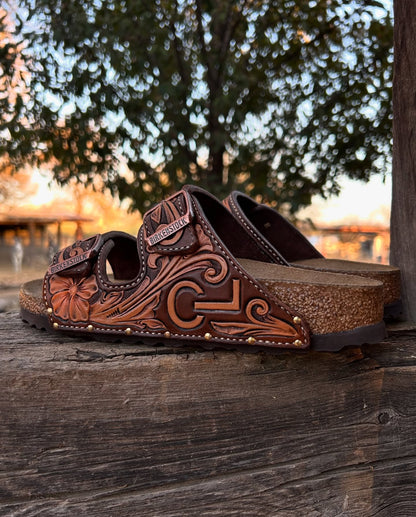 Vintage Engraved Artisan Crafted Cowgirl Comfort Slide Sandals