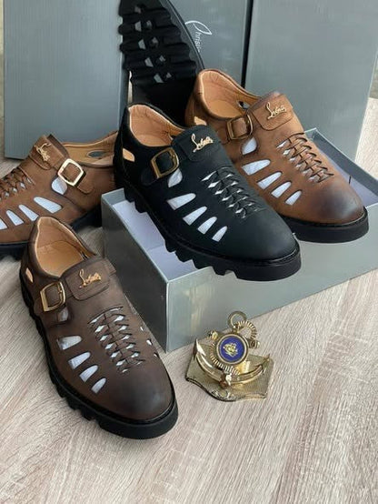 Premium Rugged Leather Cutout Platform Sandals