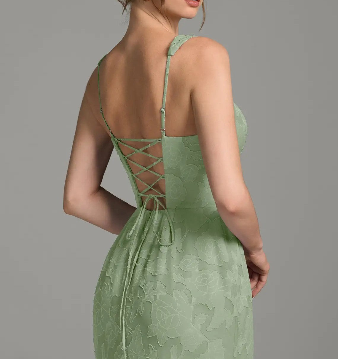 Sage Green Jacquard Lace-Up Back Ruffle Maxi Dress
