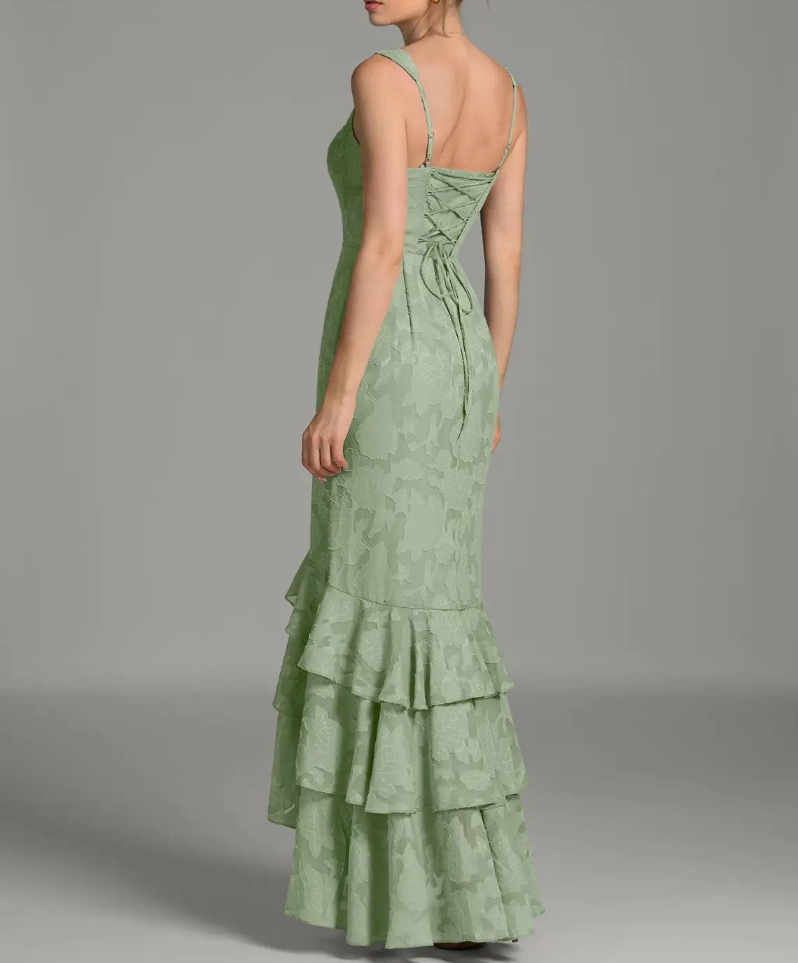 Sage Green Jacquard Lace-Up Back Ruffle Maxi Dress