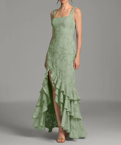 Sage Green Jacquard Lace-Up Back Ruffle Maxi Dress