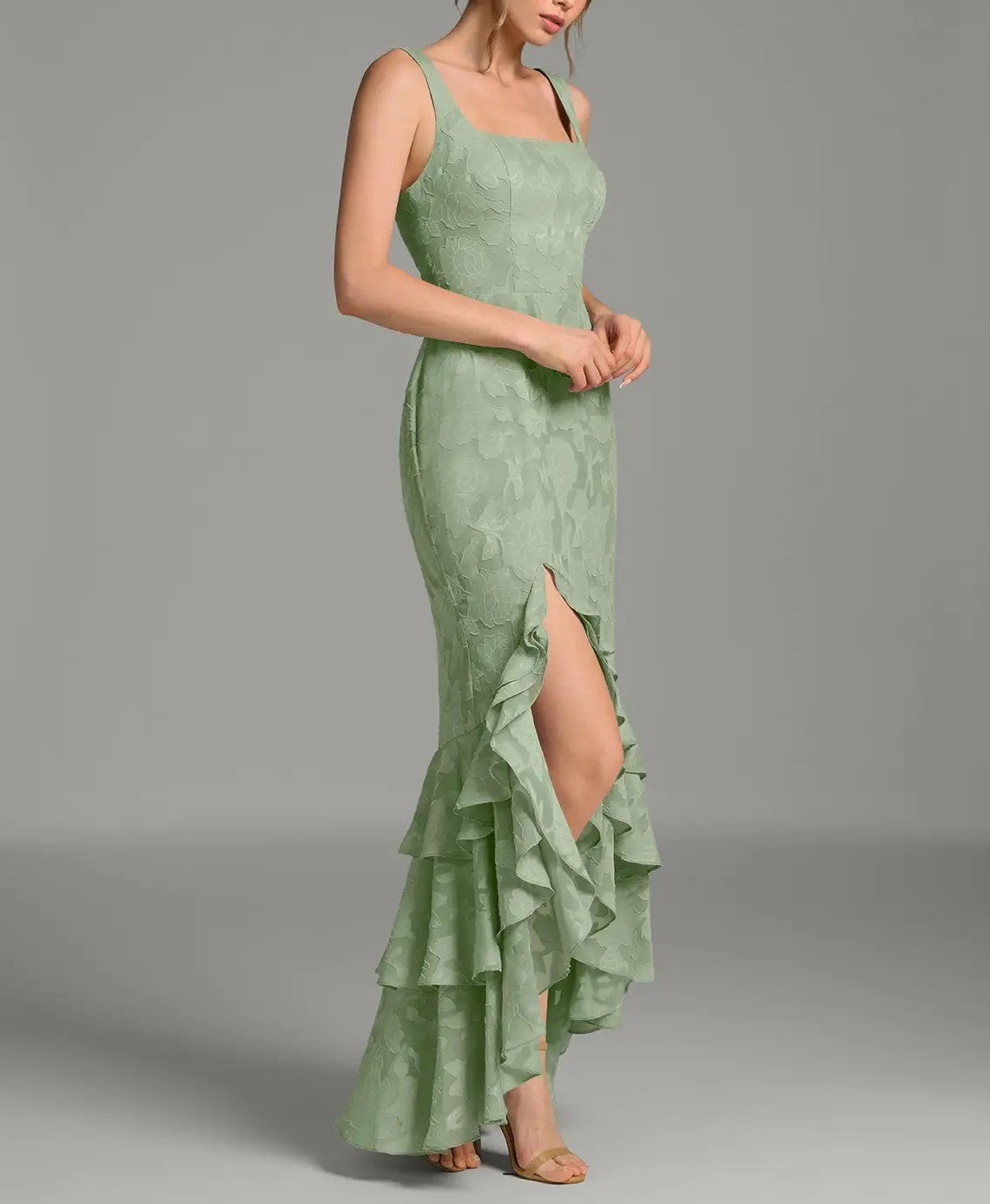 Sage Green Jacquard Lace-Up Back Ruffle Maxi Dress