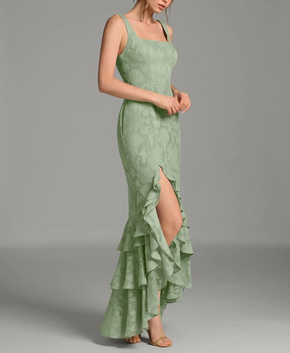Sage Green Jacquard Lace-Up Back Ruffle Maxi Dress