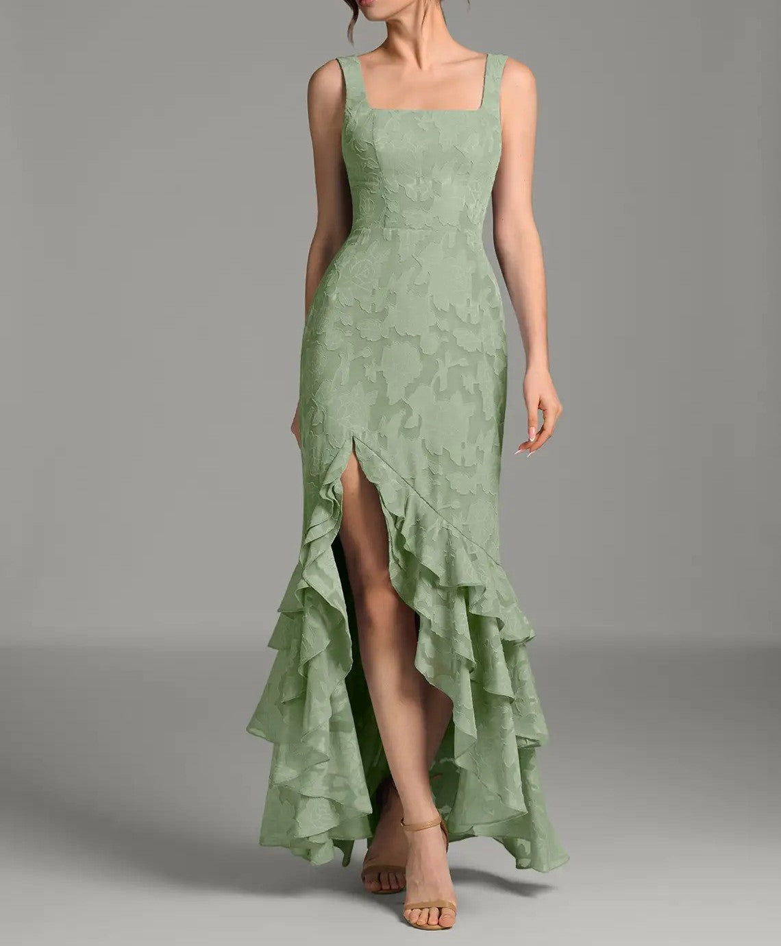 Sage Green Jacquard Lace-Up Back Ruffle Maxi Dress