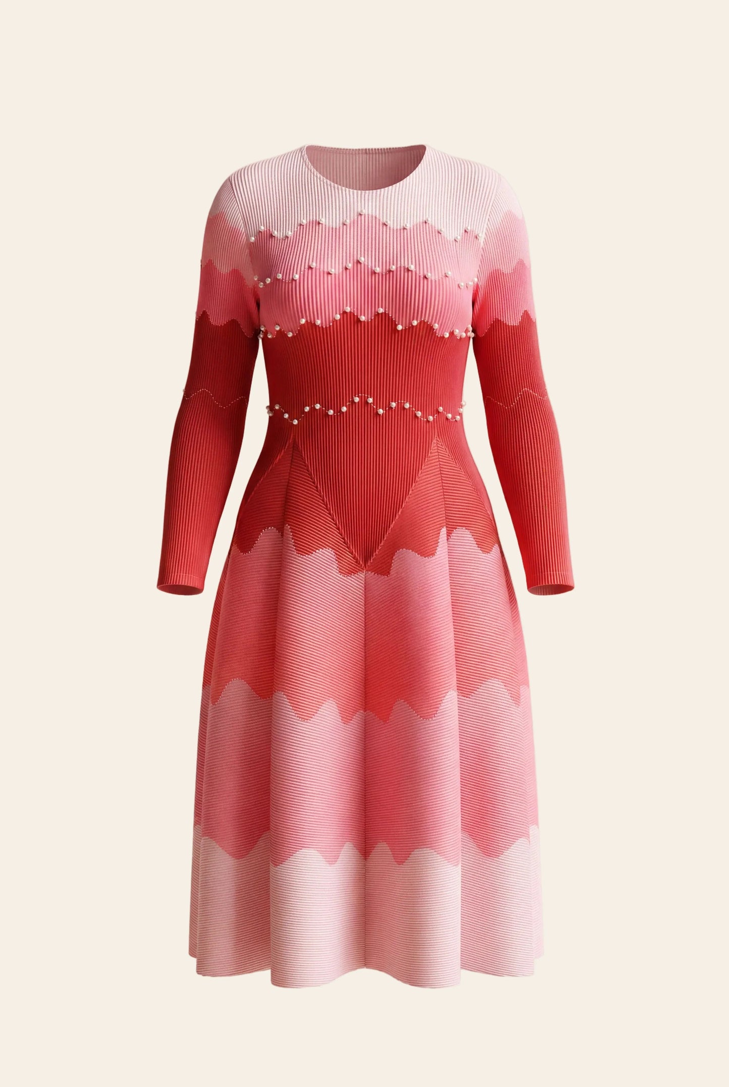 Ombre Wave Knit Pearl Embellished Long Sleeve Midi Dress