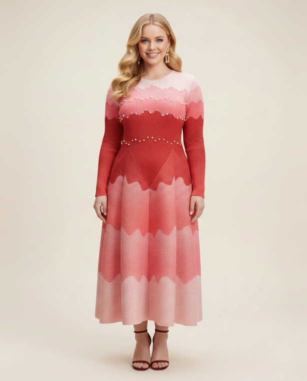 Ombre Wave Knit Pearl Embellished Long Sleeve Midi Dress