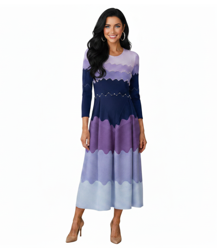 Ombre Wave Knit Pearl Embellished Long Sleeve Midi Dress