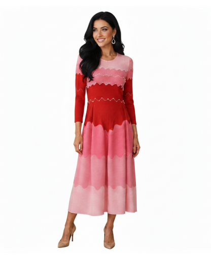 Ombre Wave Knit Pearl Embellished Long Sleeve Midi Dress