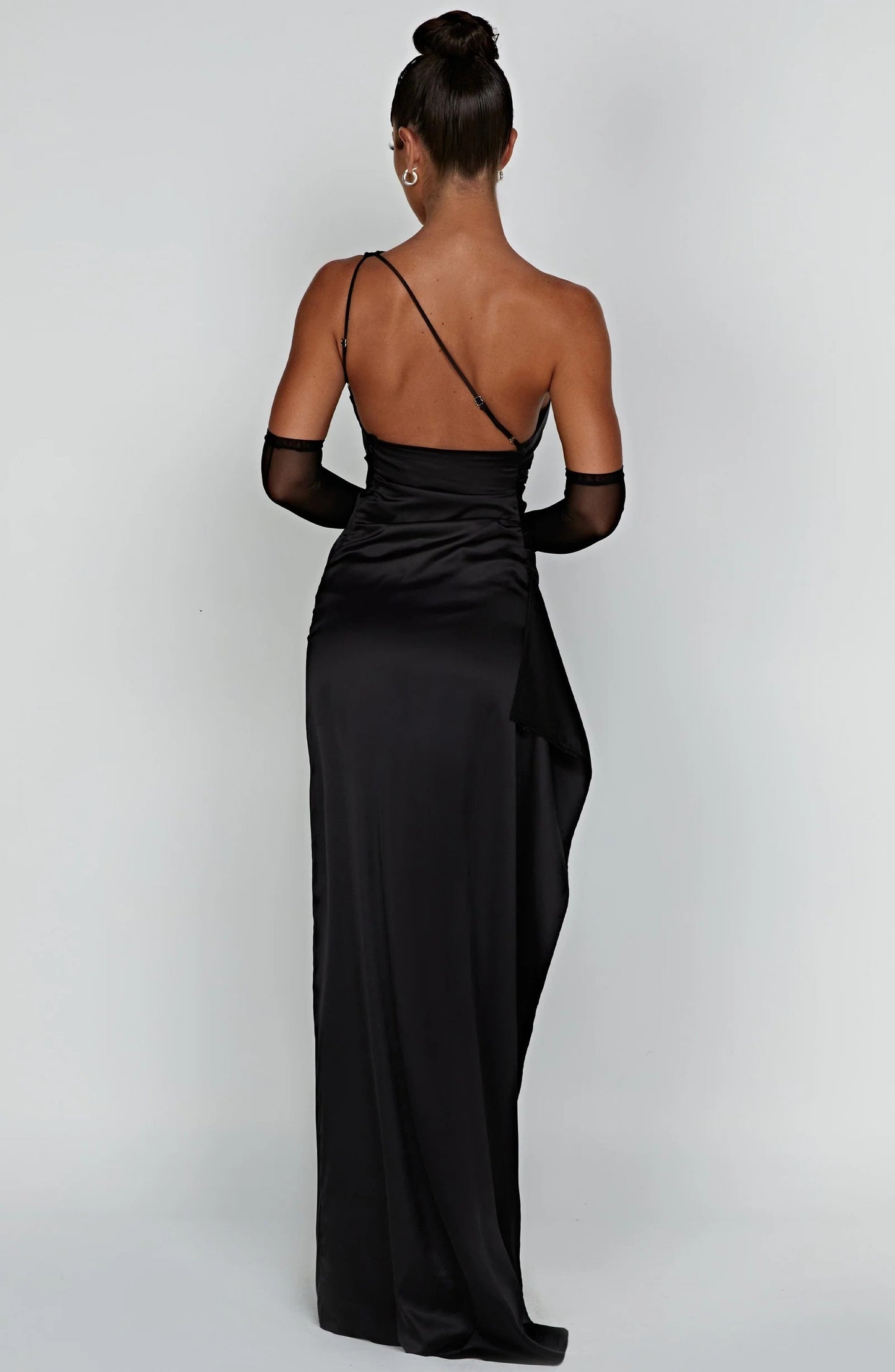 Black Satin One-Shoulder Ruched Maxi Dress