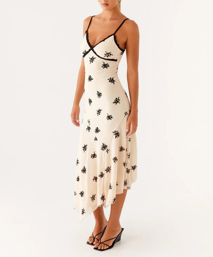 Straps White Black Print French Dress