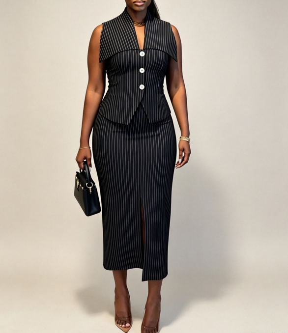 Pinstripe Power Two-Piece Vest & Midi Skirt Set