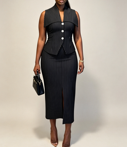 Pinstripe Power Two-Piece Vest & Midi Skirt Set