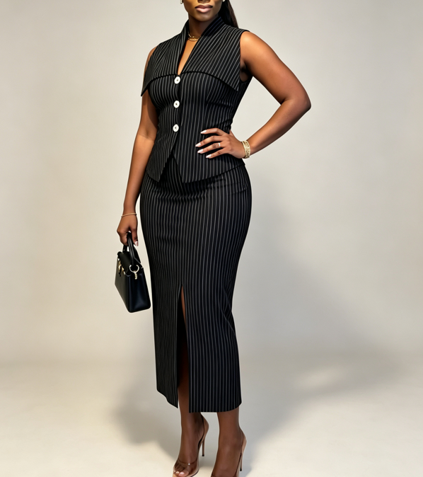 Pinstripe Power Two-Piece Vest & Midi Skirt Set