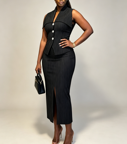 Pinstripe Power Two-Piece Vest & Midi Skirt Set