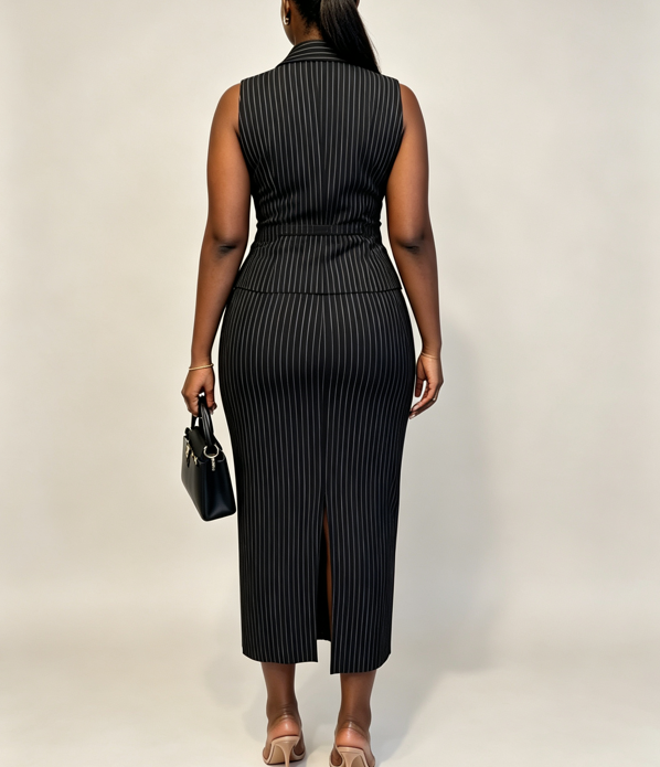 Pinstripe Power Two-Piece Vest & Midi Skirt Set