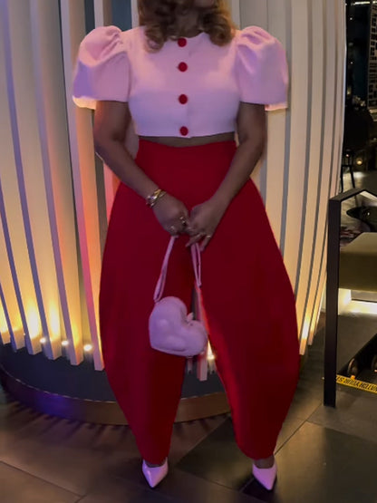 Fashion Puff Sleeve Two Pieces Set