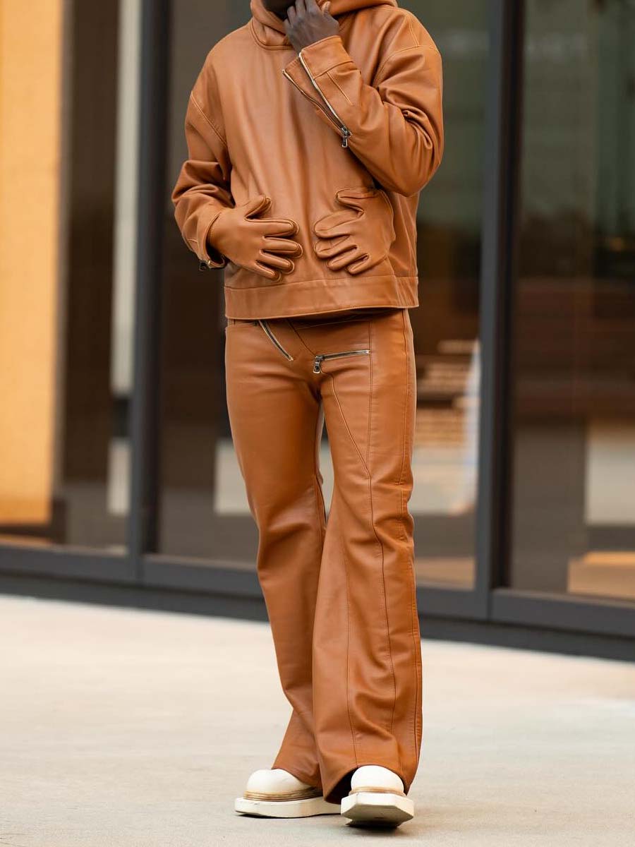Men's PU Hooded Collar Zip Up Two Pieces Set
