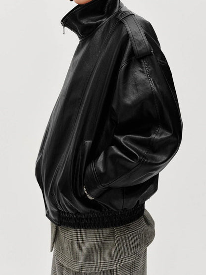 Tie Asymmetric Faux Leather Bomber Jacket