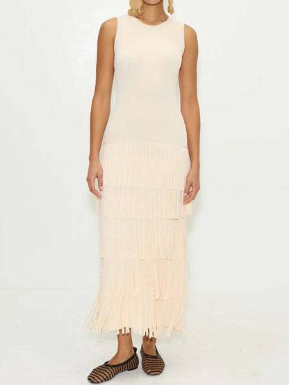 Sleeveless Knit Fringd Maxi Dress