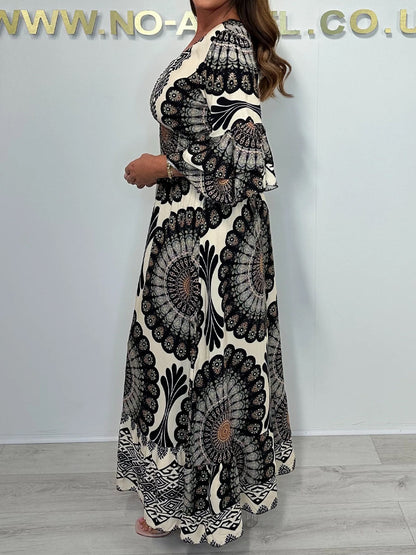 Print V-Neck Smocked Waist Bell Sleeve Dress