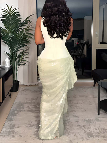 Sequin Draped Mesh Dress