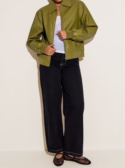 Faux Leather Ribbed Cuffs Bomber Jacket