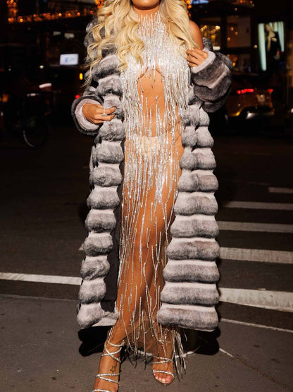 Large Lapel Lace Up Faux Fur Long Coat
