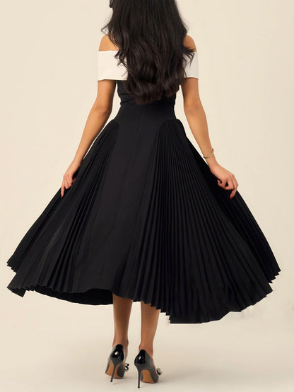 Off Shoulder Patchwork Pleated Dress
