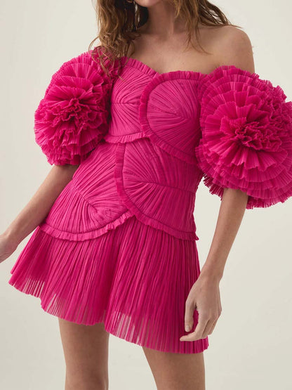 Off Shoulder Puff Sleeve Pleated Dress