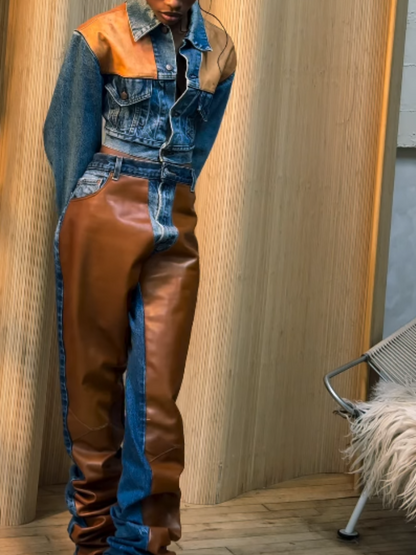 Leather Patchwork Denim Retro Set