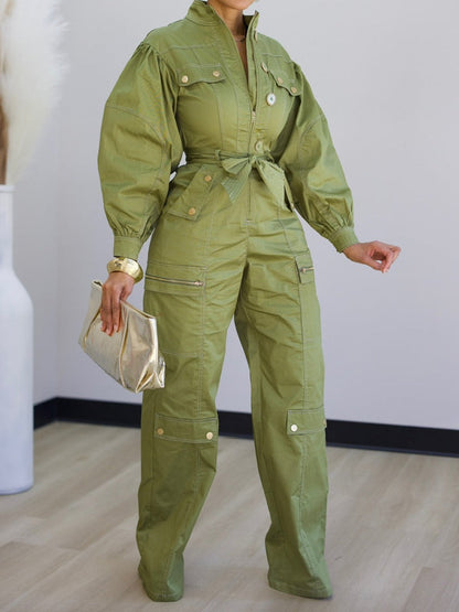Fashion Pockets Zip Up Belted Jumpsuit