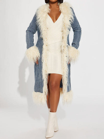 Faux Fur Trim Long Sleeve Denim Coat