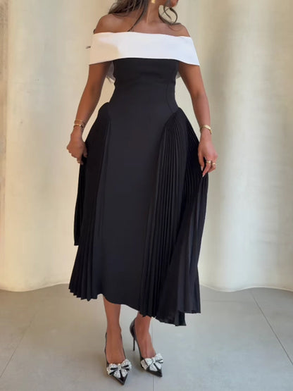 Off Shoulder Patchwork Pleated Dress
