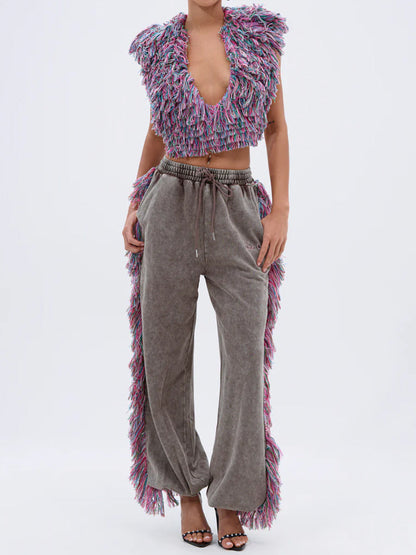 Deep V Neck Fringed Two Pieces Set