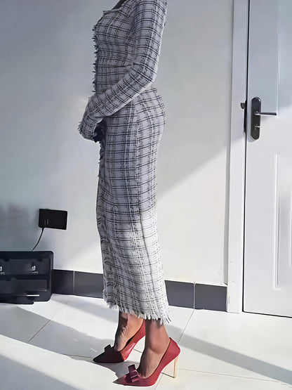 Faux Pearl Square Collar Tweed Dress