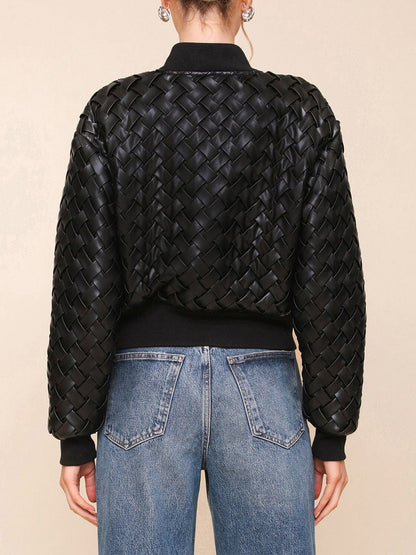 Weave Faux Leather Bomber Jacket