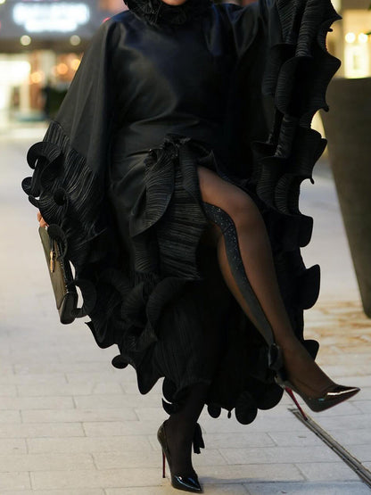 Spiral-hem Pleated Frills Loose Maxi Dress