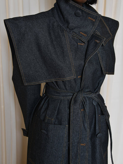 Fashion Lapel Strap Denim Trench Coat