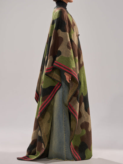 Knitted Camouflage-Print Maxi Poncho