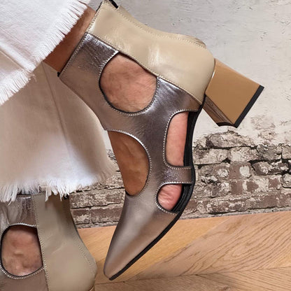 Pointed Block Heel Cutout Ankle Boots