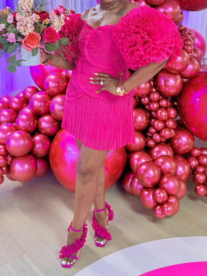 Off Shoulder Puff Sleeve Pleated Dress