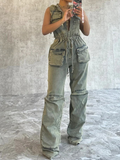 Hooded Tooling Stretch Denim Jumpsuit